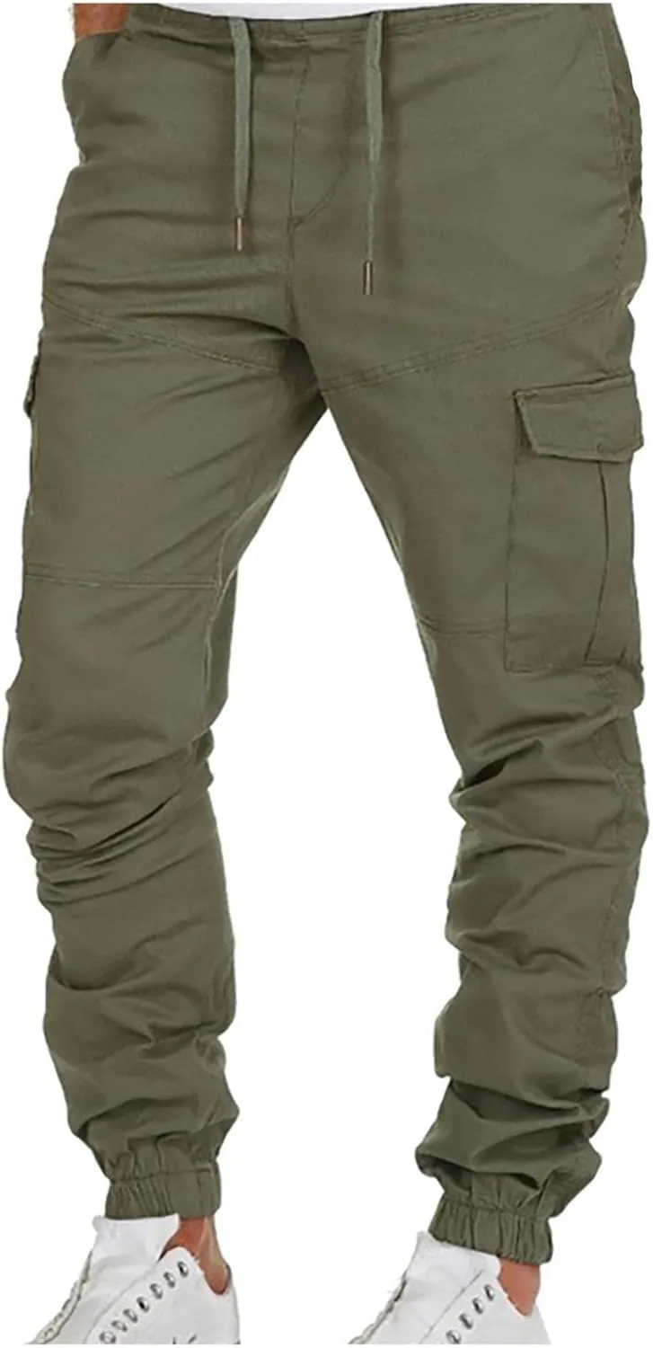 WUAI-Men Fashion Slim Fit Jogger Pants Drawstring Stretch Twill Cargo Athletic Workout Chino Utility Combat Pants with Pocket