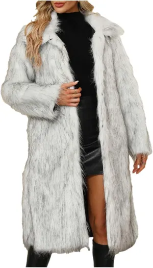 XUNRYAN 2023 Womens Faux-Fur Trench Coat Long Jackets Fashion Notch Lapel Winter Warm Thicken Fluffy Anorak Parka Outerwear
