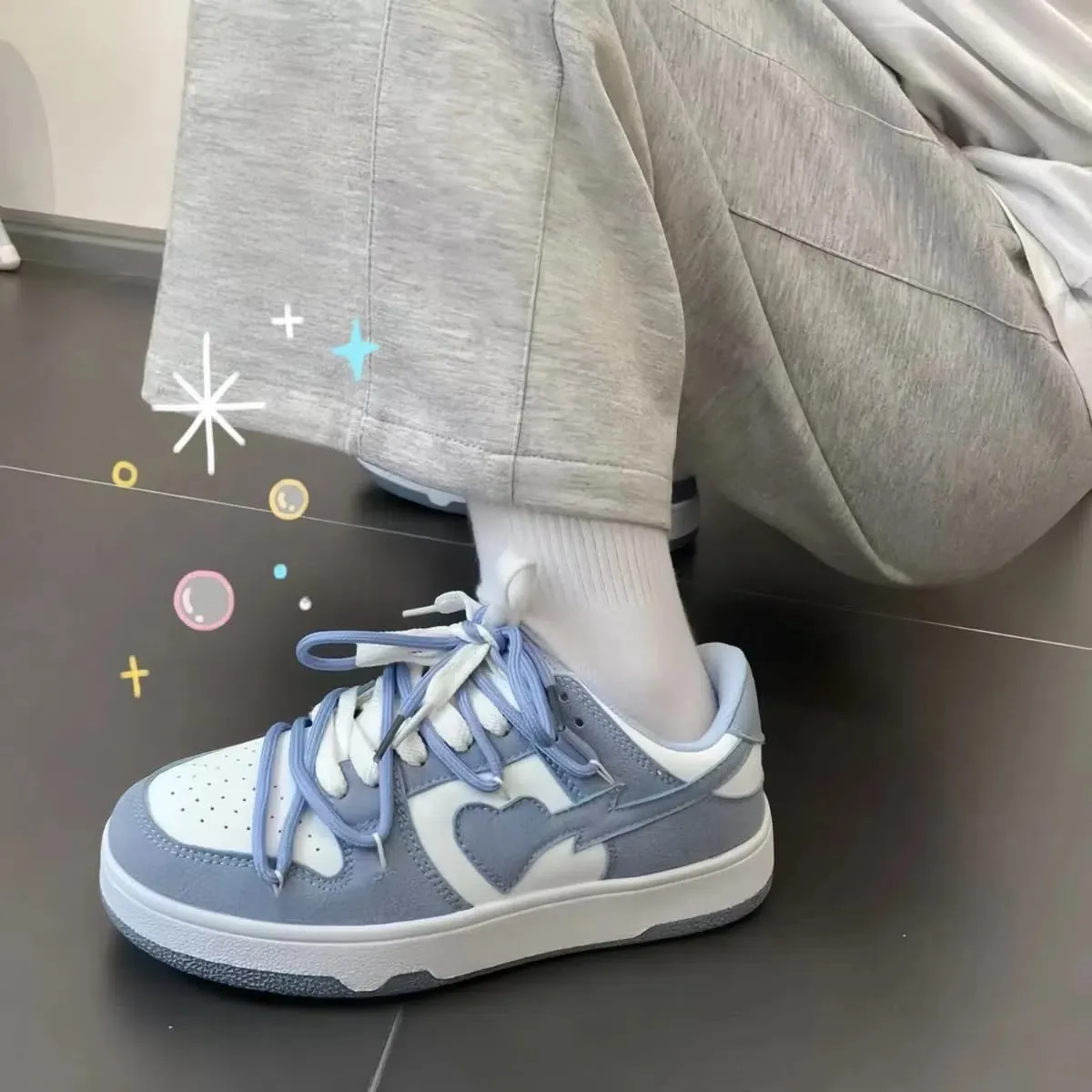 Y2K Sporty Sneakers for Women, Girls Cute Streetwear, Pastal Color Low Top Skate Shoes Couple Matching