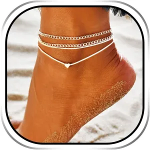 YBSHIN Boho Heart Anklets Silver Layered Ankle Bracelet Beach Anklet Foot Chain for Women