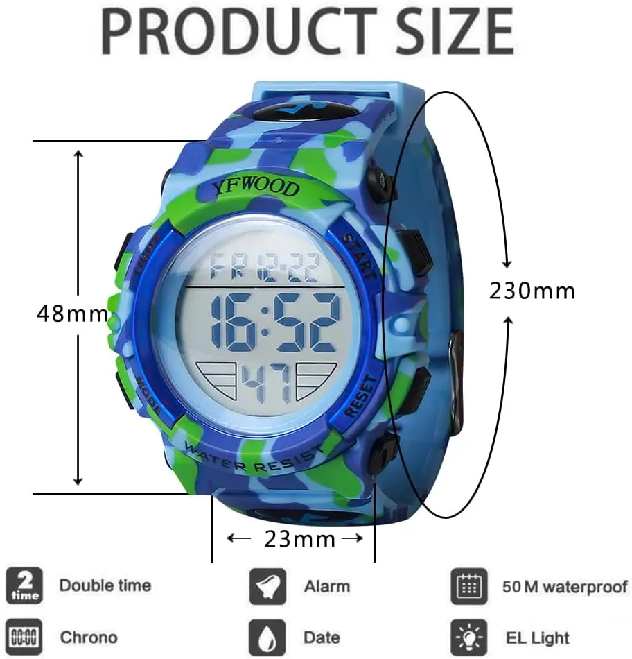 YFWOOD Kids Digital Watch Waterproof Outdoor Watches Children Casual Electronic Analog Quartz Wrist Watches with Silicone Band Luminous Alarm Stopwatch for Boys
