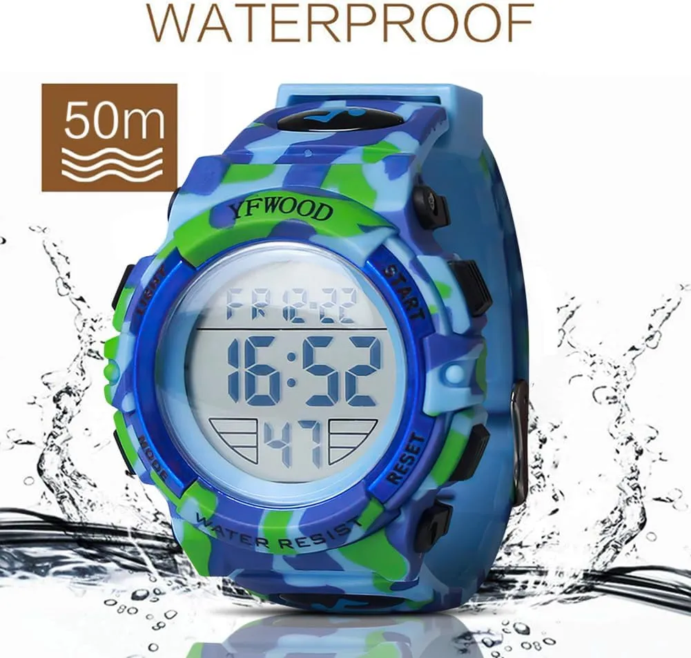 YFWOOD Kids Digital Watch Waterproof Outdoor Watches Children Casual Electronic Analog Quartz Wrist Watches with Silicone Band Luminous Alarm Stopwatch for Boys