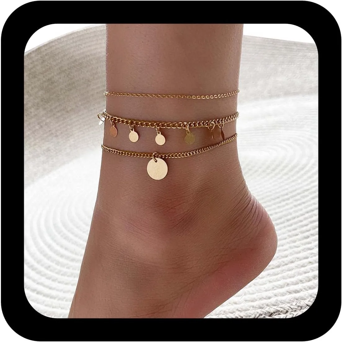YienDoo Boho Sequin Anklet Bracelet Gold Sequin Charm Anklet Ankle Chain Summer Beach Foot Chains Fashion Layered Anklet 3Pcs Set Foot Jewelry Gift for Women