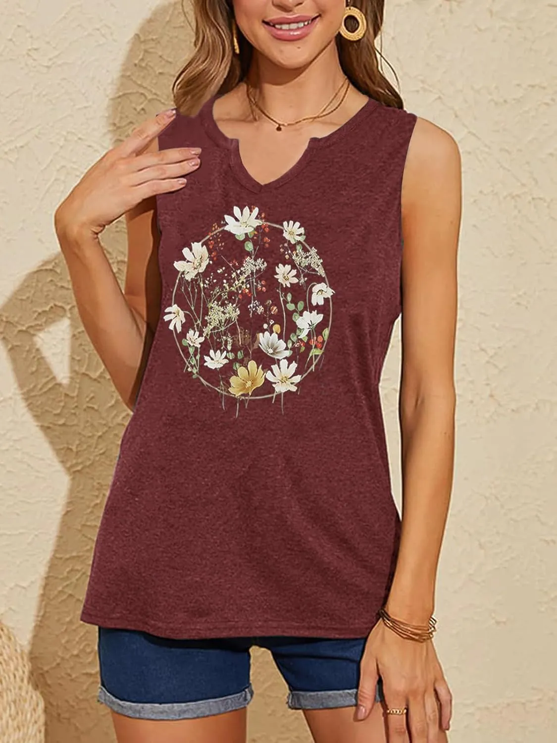 YIUIERE Womens Tank Tops Flowers Graphic Tanks Casual Summer Sleeveless V Neck Tops Loose Fit 2024 Clothes