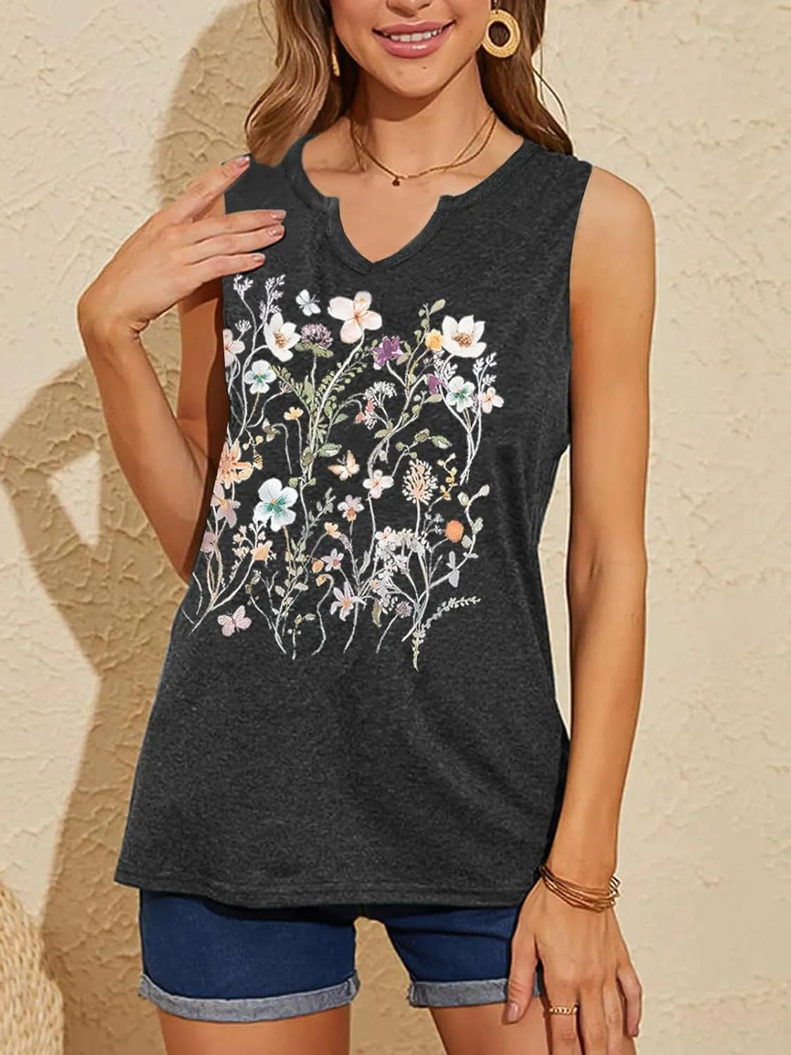YIUIERE Womens Tank Tops Flowers Graphic Tanks Casual Summer Sleeveless V Neck Tops Loose Fit 2024 Clothes