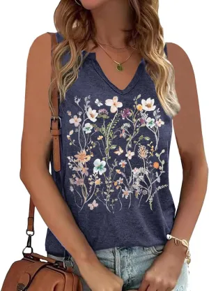 YIUIERE Womens Tank Tops Flowers Graphic Tanks Casual Summer Sleeveless V Neck Tops Loose Fit 2024 Clothes