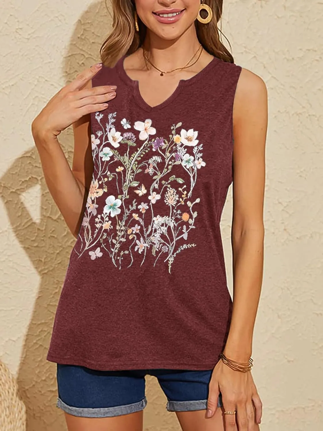 YIUIERE Womens Tank Tops Flowers Graphic Tanks Casual Summer Sleeveless V Neck Tops Loose Fit 2024 Clothes