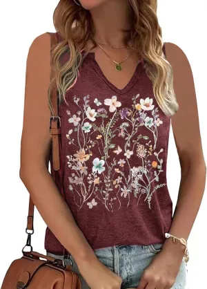 YIUIERE Womens Tank Tops Flowers Graphic Tanks Casual Summer Sleeveless V Neck Tops Loose Fit 2024 Clothes