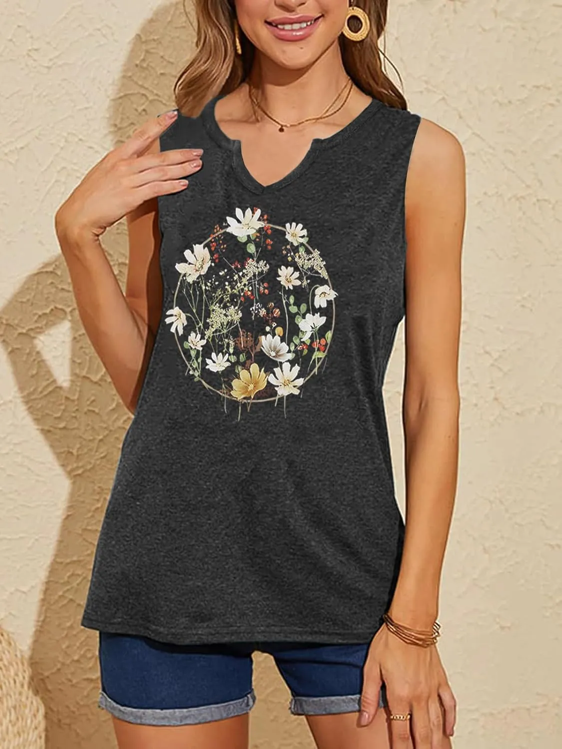 YIUIERE Womens Tank Tops Flowers Graphic Tanks Casual Summer Sleeveless V Neck Tops Loose Fit 2024 Clothes