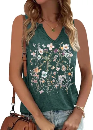 YIUIERE Womens Tank Tops Flowers Graphic Tanks Casual Summer Sleeveless V Neck Tops Loose Fit 2024 Clothes