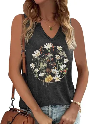 YIUIERE Womens Tank Tops Flowers Graphic Tanks Casual Summer Sleeveless V Neck Tops Loose Fit 2024 Clothes