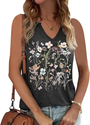 YIUIERE Womens Tank Tops Flowers Graphic Tanks Casual Summer Sleeveless V Neck Tops Loose Fit 2024 Clothes