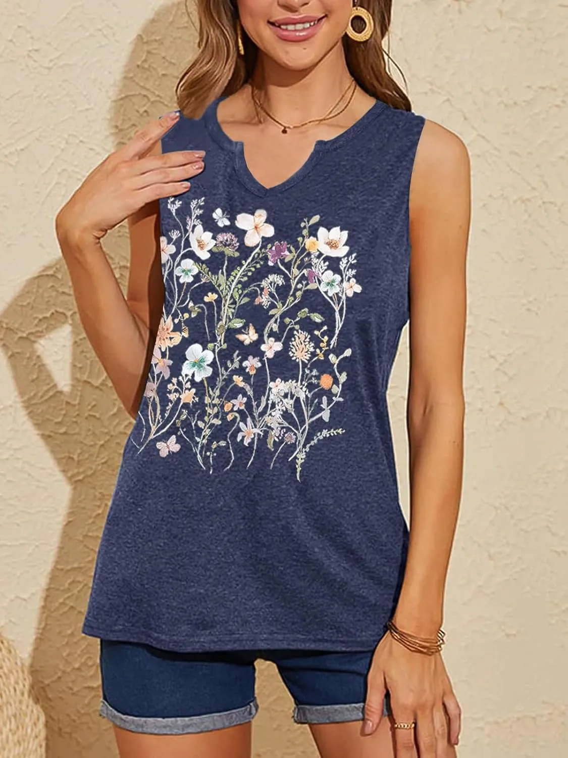 YIUIERE Womens Tank Tops Flowers Graphic Tanks Casual Summer Sleeveless V Neck Tops Loose Fit 2024 Clothes
