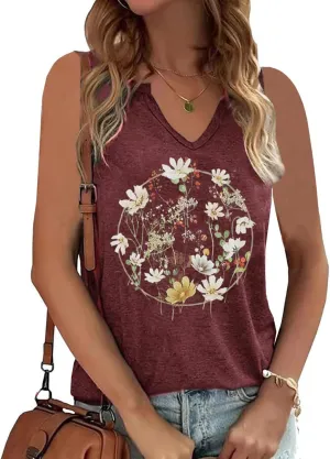 YIUIERE Womens Tank Tops Flowers Graphic Tanks Casual Summer Sleeveless V Neck Tops Loose Fit 2024 Clothes