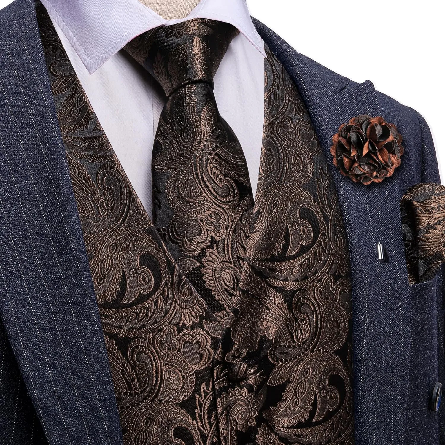 YOHOWA Mens Suit Vest Silk Tie Bowtie Set Paisley Jacquard Formal Waistcoat Clip Hanky Cufflinks Lapel Pin Wedding Party 8PCS
