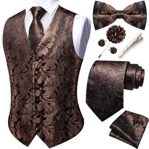 YOHOWA Mens Suit Vest Silk Tie Bowtie Set Paisley Jacquard Formal Waistcoat Clip Hanky Cufflinks Lapel Pin Wedding Party 8PCS