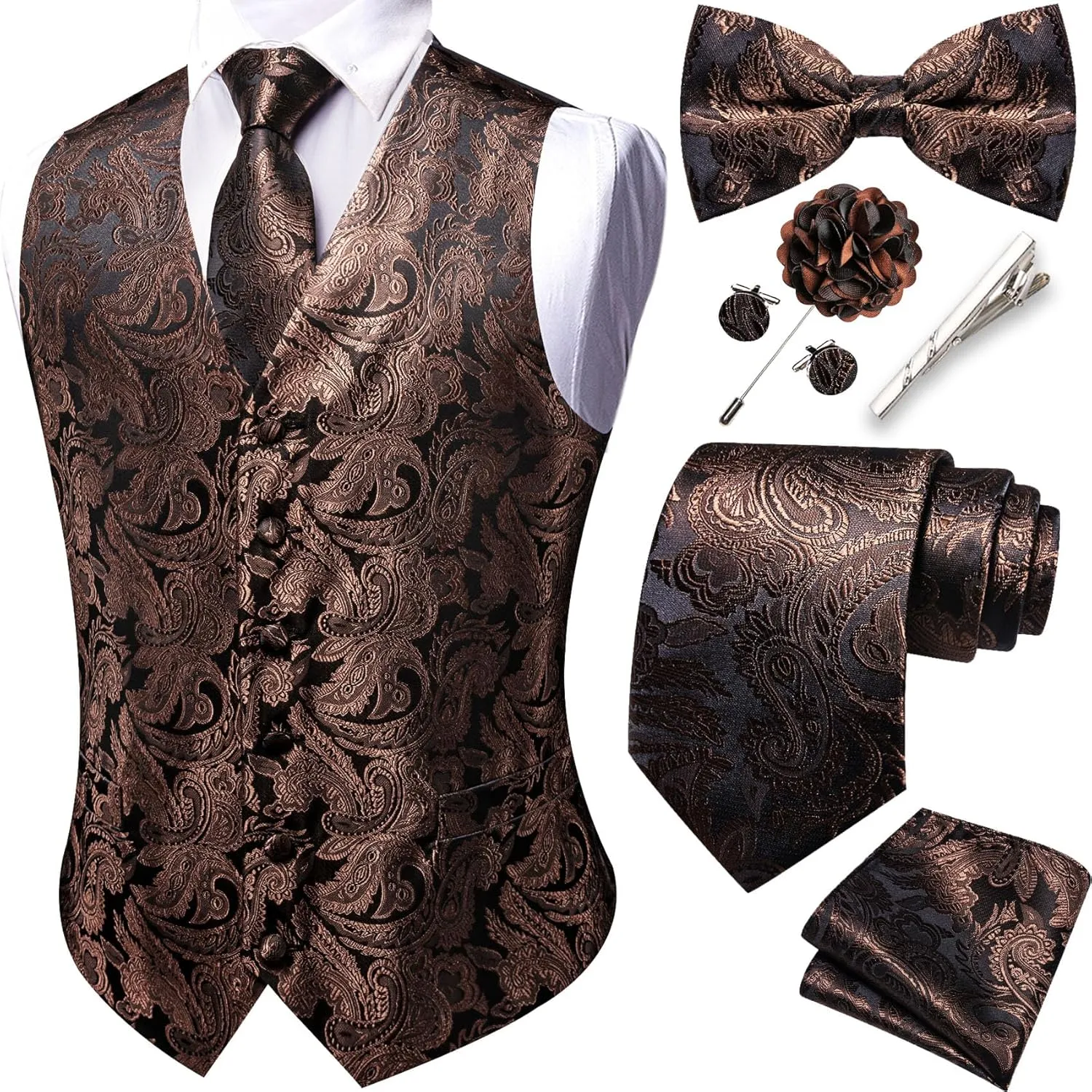 YOHOWA Mens Suit Vest Silk Tie Bowtie Set Paisley Jacquard Formal Waistcoat Clip Hanky Cufflinks Lapel Pin Wedding Party 8PCS