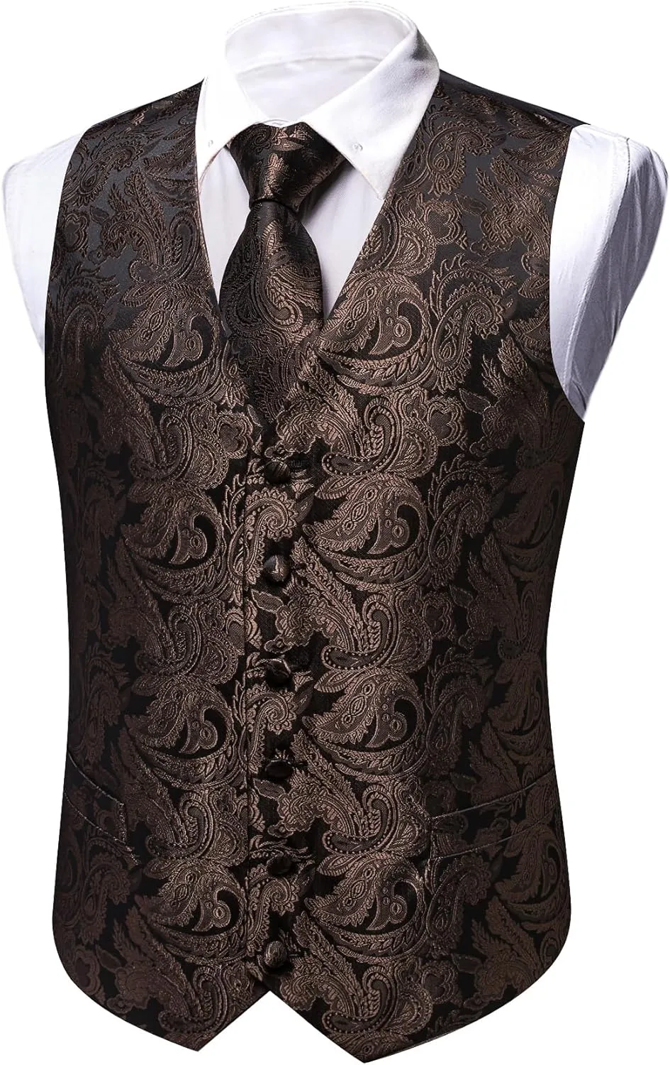 YOHOWA Mens Suit Vest Silk Tie Bowtie Set Paisley Jacquard Formal Waistcoat Clip Hanky Cufflinks Lapel Pin Wedding Party 8PCS
