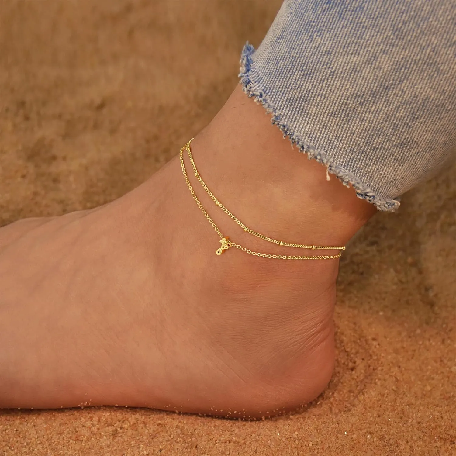 Yoosteel Gold Initial Ankle Bracelets for Women, 14K Gold Plated Dainty Layered Letter A-Z Anklets Set for Women Summer Beach Jewelry Gifts