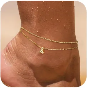 Yoosteel Gold Initial Ankle Bracelets for Women, 14K Gold Plated Dainty Layered Letter A-Z Anklets Set for Women Summer Beach Jewelry Gifts