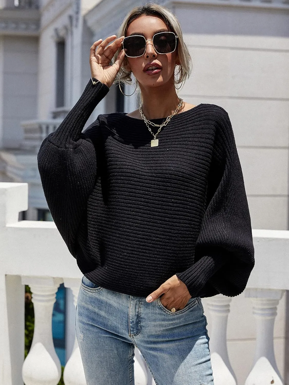 ZAFUL Women's 2022 Casual Oversized Sweaters Off Shoulder Loose Jumper Batwing Sleeves Chunky Pullover Sweater Tops