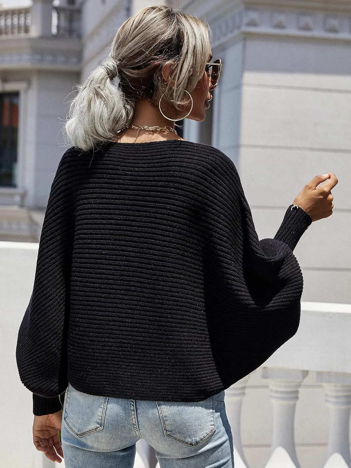 ZAFUL Women's 2022 Casual Oversized Sweaters Off Shoulder Loose Jumper Batwing Sleeves Chunky Pullover Sweater Tops
