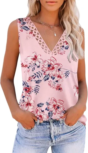 Zeagoo Women 2025 V Neck Lace Tank Tops Summer Floral Print Loose Fit Tops Sleeveless Shirts Casual Trendy Blouse