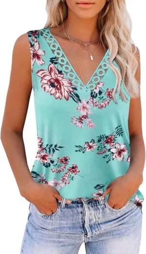 Zeagoo Women 2025 V Neck Lace Tank Tops Summer Floral Print Loose Fit Tops Sleeveless Shirts Casual Trendy Blouse