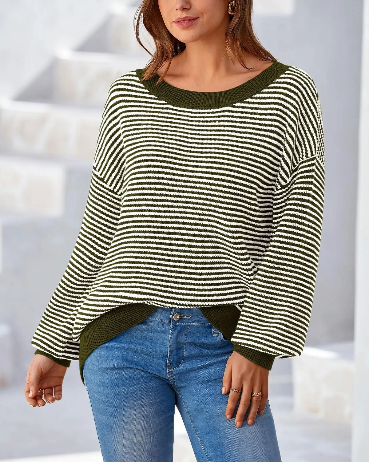 Zenlonr Women's 2025 Fall Winter Striped Sweater Long Sleeve Off Shoulder Loose Knit Pullover Tops