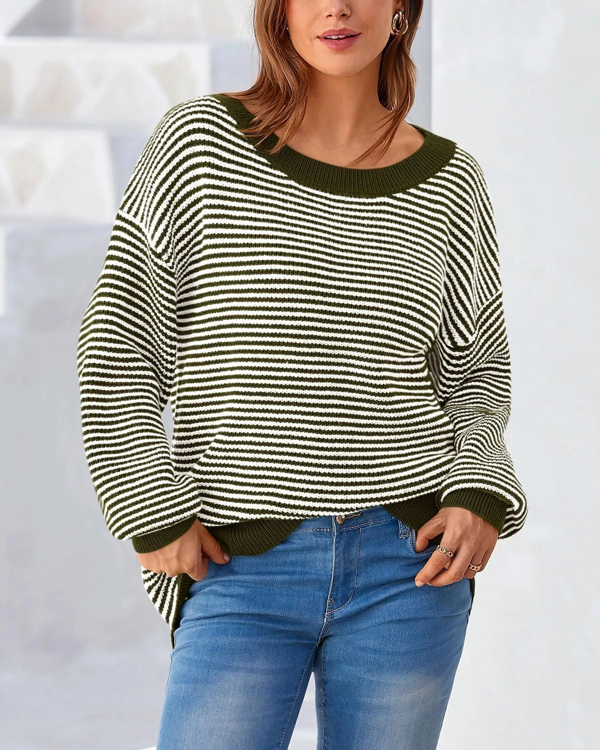 Zenlonr Women's 2025 Fall Winter Striped Sweater Long Sleeve Off Shoulder Loose Knit Pullover Tops