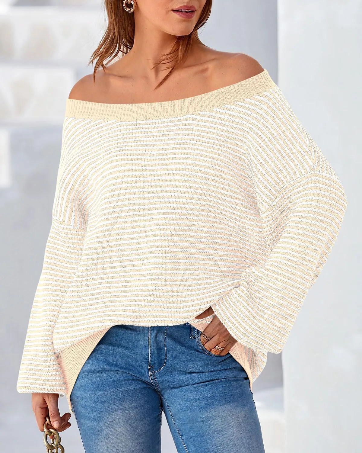 Zenlonr Women's 2025 Fall Winter Striped Sweater Long Sleeve Off Shoulder Loose Knit Pullover Tops