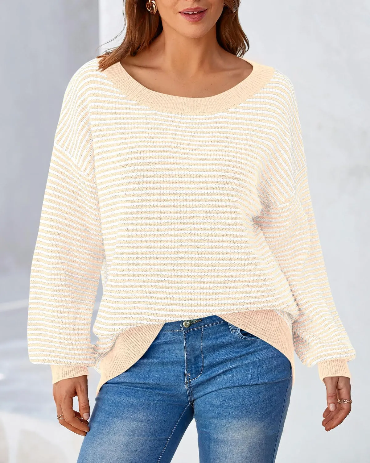 Zenlonr Women's 2025 Fall Winter Striped Sweater Long Sleeve Off Shoulder Loose Knit Pullover Tops