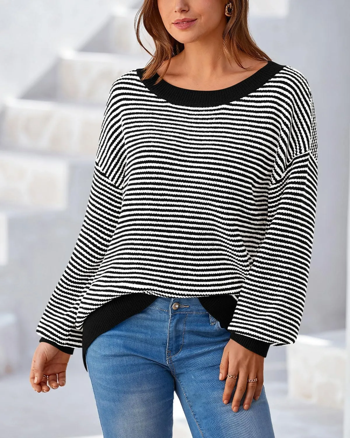 Zenlonr Women's 2025 Fall Winter Striped Sweater Long Sleeve Off Shoulder Loose Knit Pullover Tops
