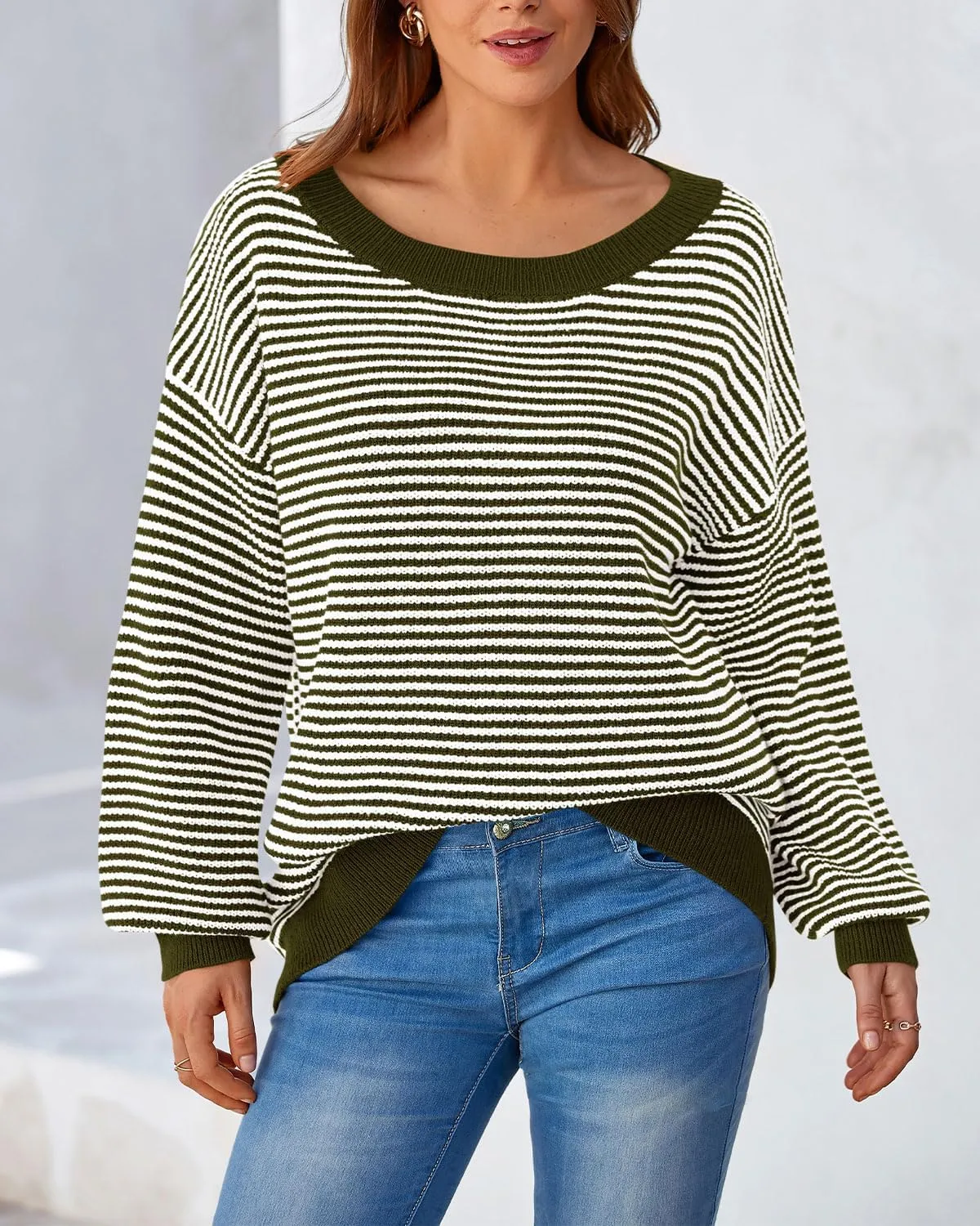 Zenlonr Women's 2025 Fall Winter Striped Sweater Long Sleeve Off Shoulder Loose Knit Pullover Tops