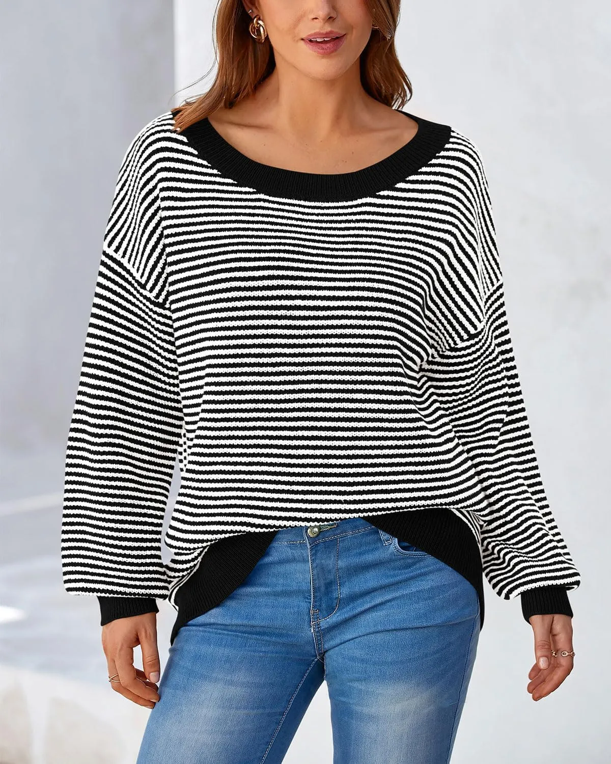 Zenlonr Women's 2025 Fall Winter Striped Sweater Long Sleeve Off Shoulder Loose Knit Pullover Tops