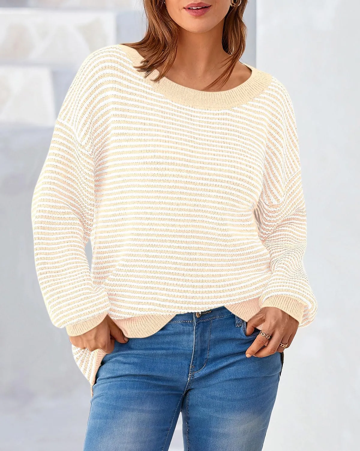 Zenlonr Women's 2025 Fall Winter Striped Sweater Long Sleeve Off Shoulder Loose Knit Pullover Tops