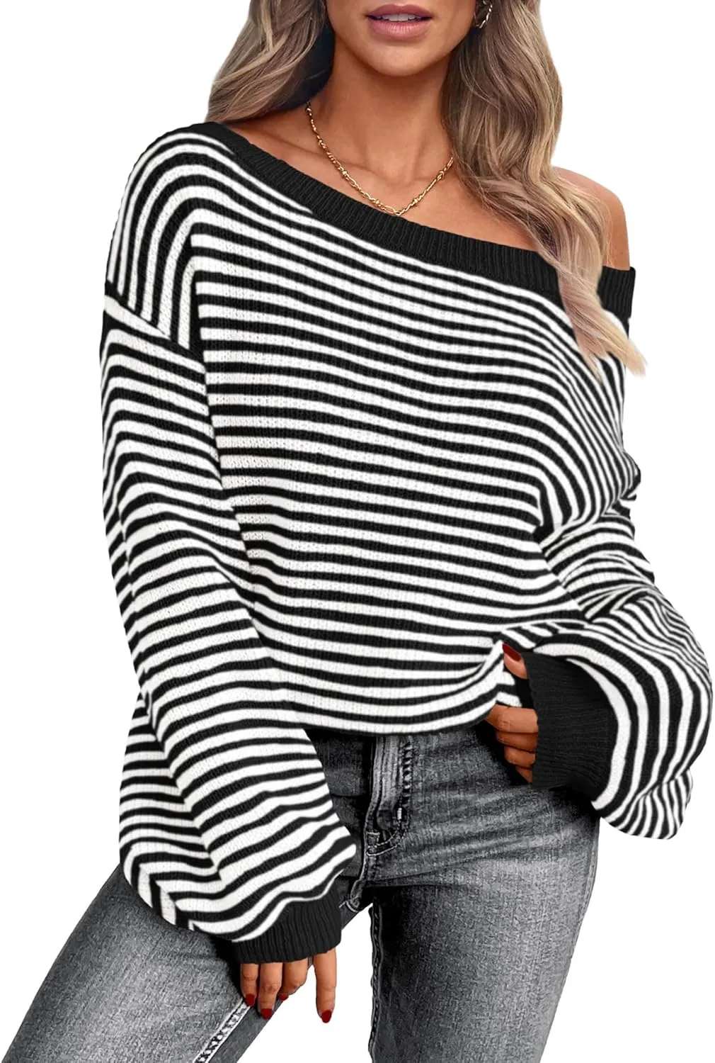 Zenlonr Women's 2025 Fall Winter Striped Sweater Long Sleeve Off Shoulder Loose Knit Pullover Tops