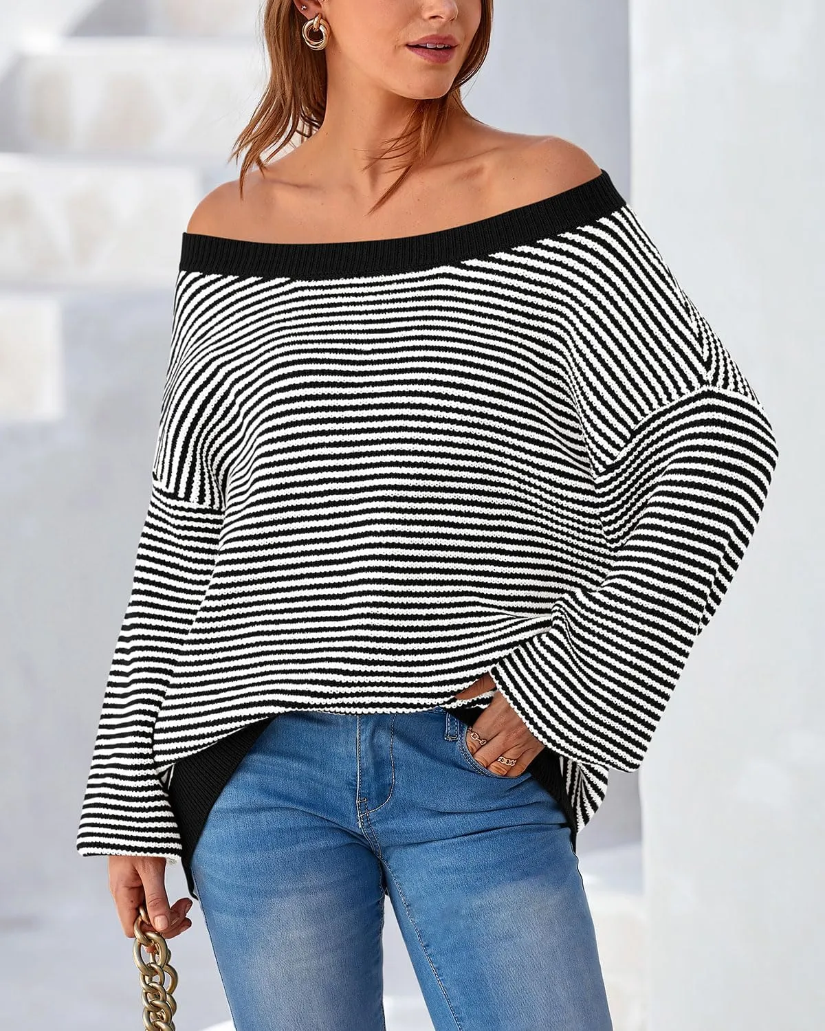 Zenlonr Women's 2025 Fall Winter Striped Sweater Long Sleeve Off Shoulder Loose Knit Pullover Tops