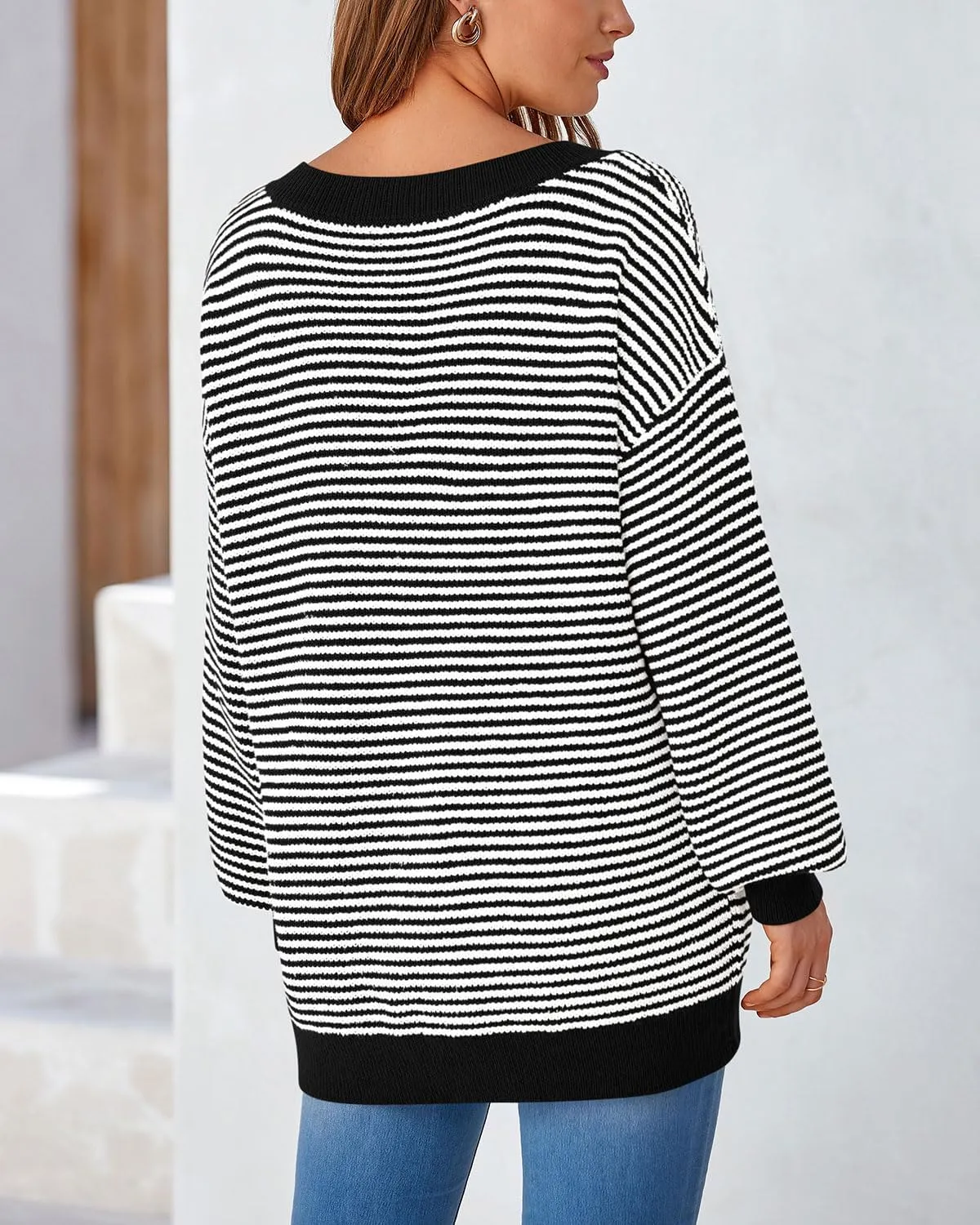 Zenlonr Women's 2025 Fall Winter Striped Sweater Long Sleeve Off Shoulder Loose Knit Pullover Tops