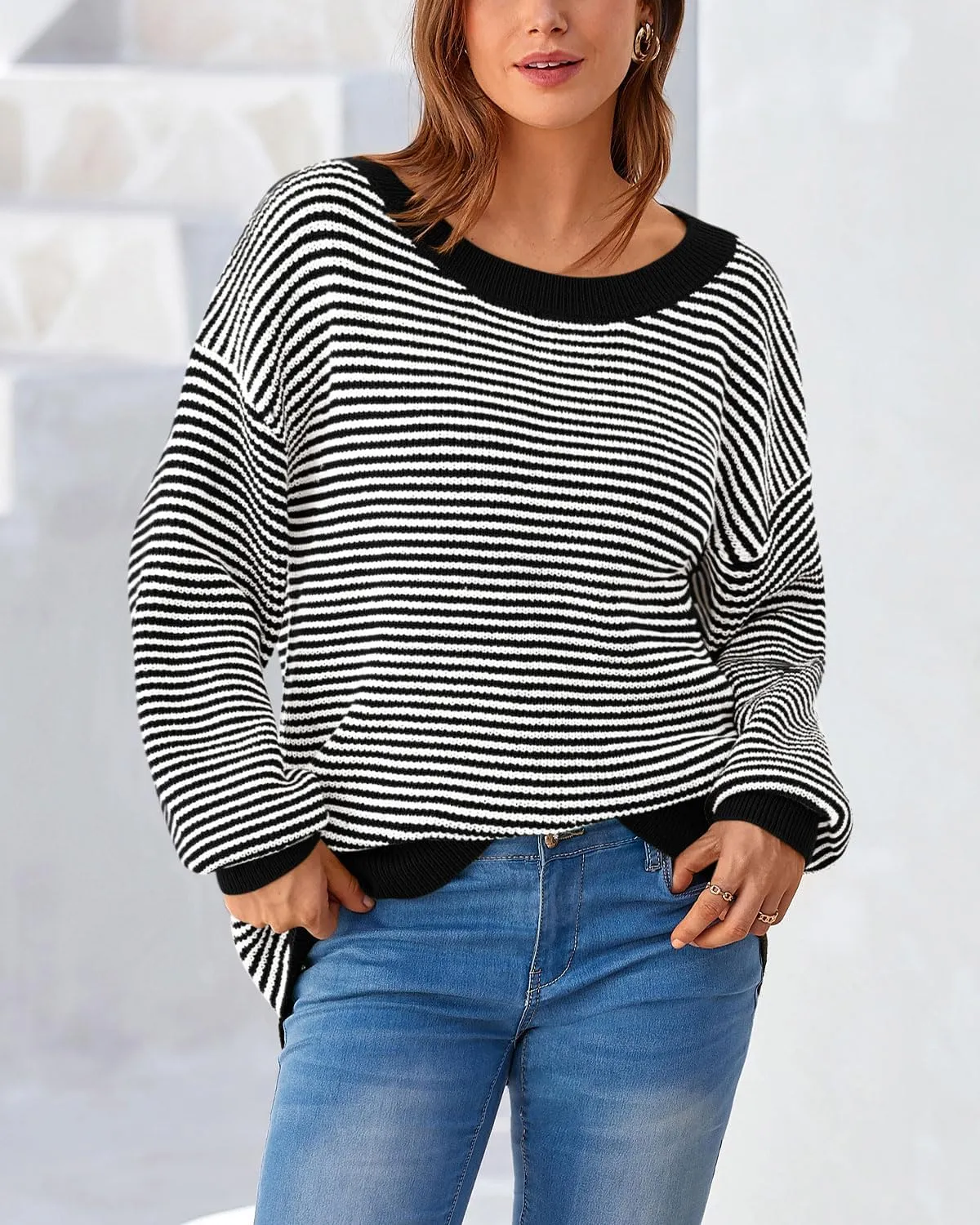 Zenlonr Women's 2025 Fall Winter Striped Sweater Long Sleeve Off Shoulder Loose Knit Pullover Tops