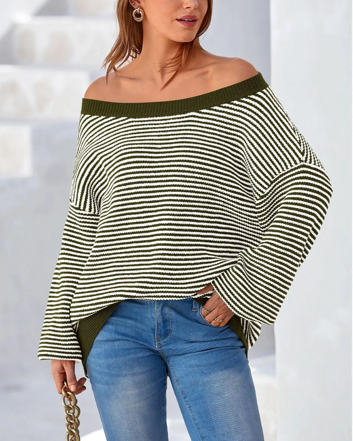 Zenlonr Women's 2025 Fall Winter Striped Sweater Long Sleeve Off Shoulder Loose Knit Pullover Tops