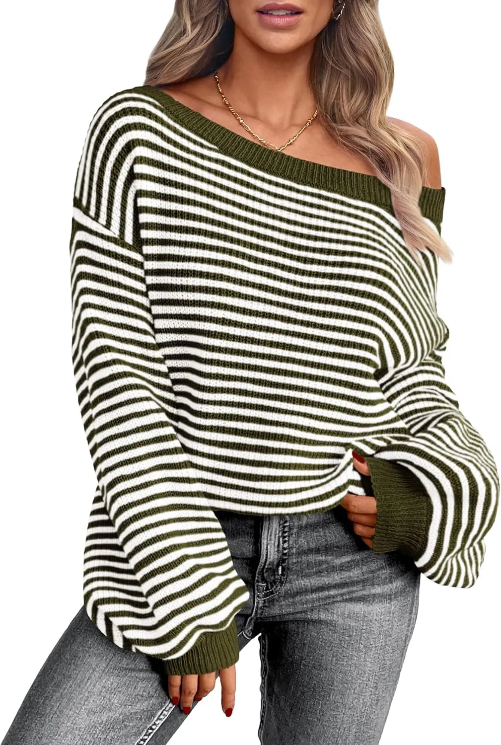 Zenlonr Women's 2025 Fall Winter Striped Sweater Long Sleeve Off Shoulder Loose Knit Pullover Tops