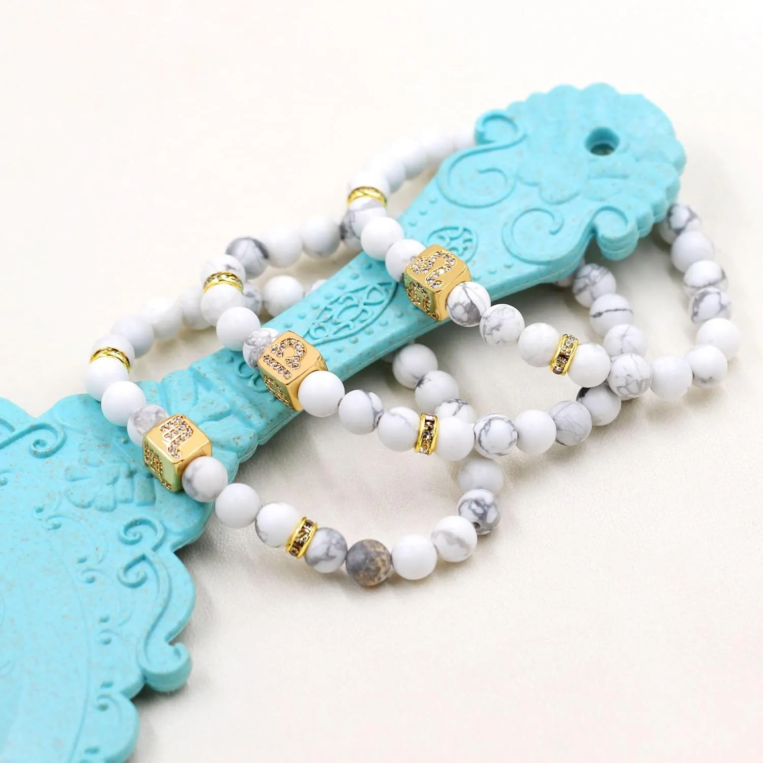 Zodiac Bracelet for Women, 6mm Natural White Turquoise Constellation Star Sign Horoscope Bracelet 12 Constellations Charm Bracelets Prayer Blessing Jewelry Unisex