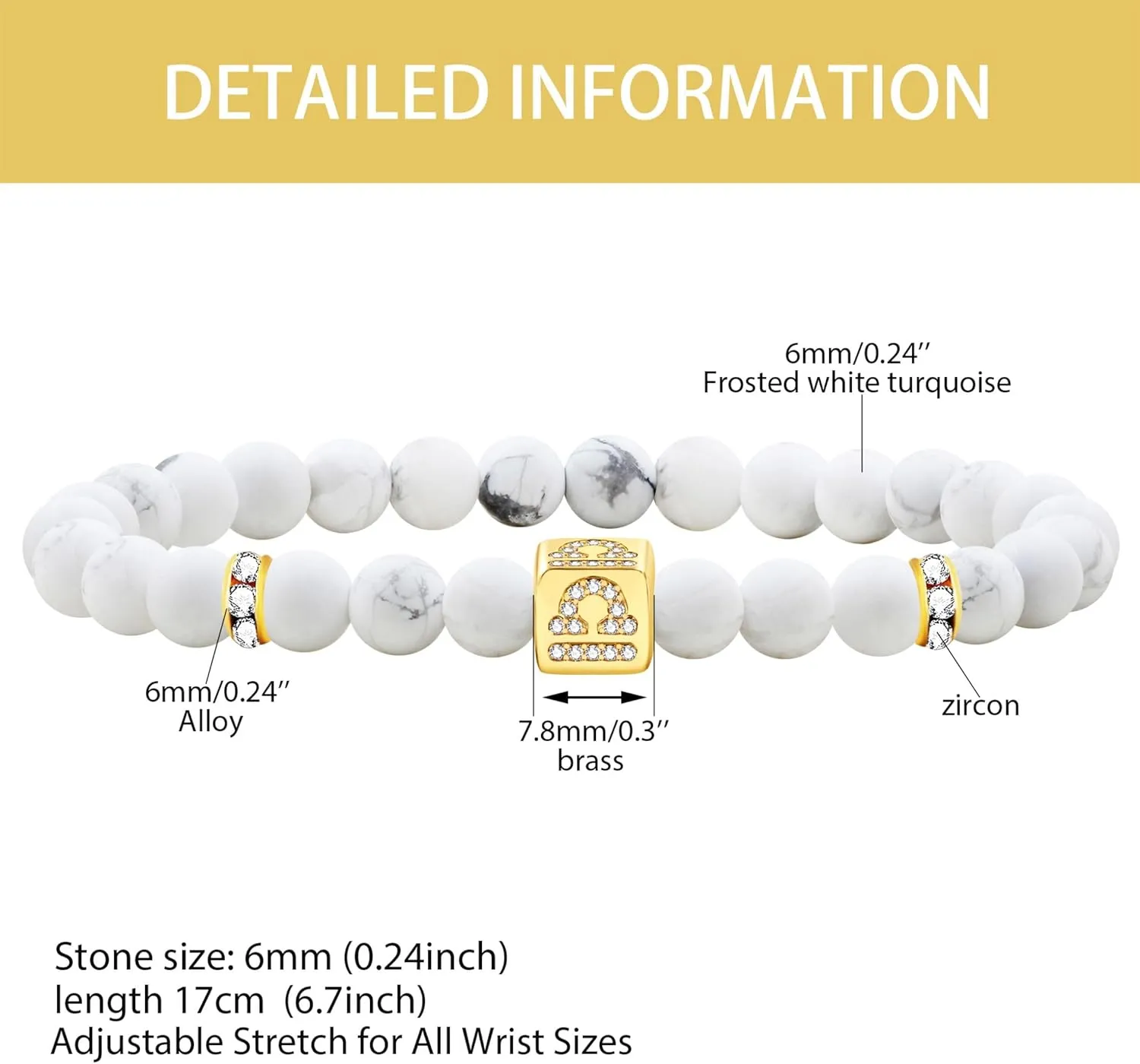 Zodiac Bracelet for Women, 6mm Natural White Turquoise Constellation Star Sign Horoscope Bracelet 12 Constellations Charm Bracelets Prayer Blessing Jewelry Unisex